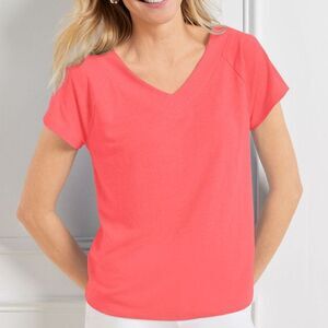 Talbots Linen Blend Raglan V-Neck Lovely Coral Tee Size Large